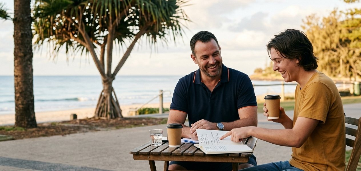 A young man and his support worker laughing over coffee and a notebook at a beachfront cafe on the Gold Coast. Illustrative photograph.
