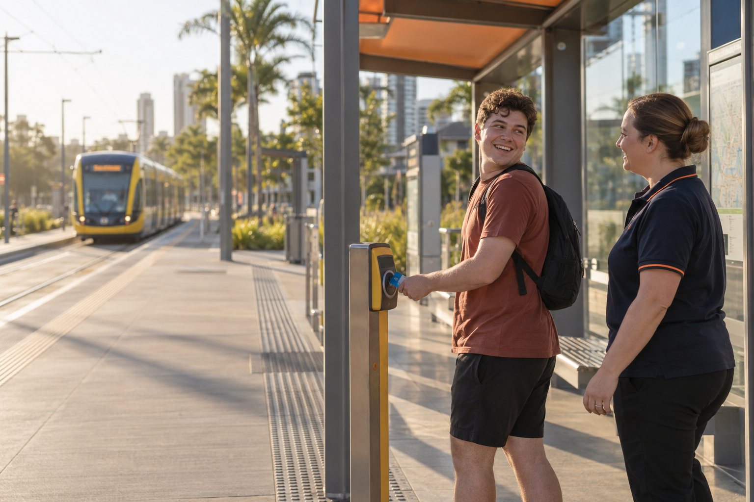 A young man laughs back at his support worker as he taps on at a Gold Coast light rail stop in the morning sun. Illustrative photograph.